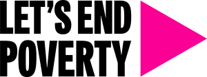 Let's End Poverty logo: text in black, with a pink triangle logo