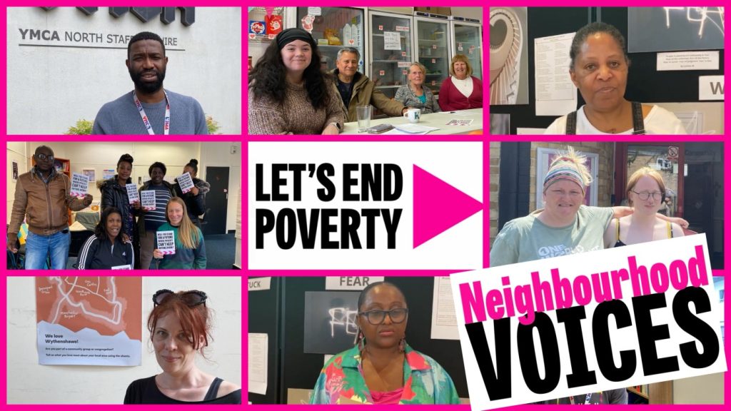 A collage of photos of people or groups, with two logos: Let's End Poverty and Neighbourhood Voices