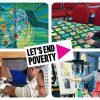 The Let's End Poverty text logo, on a collage of four images of people doing craft or art.