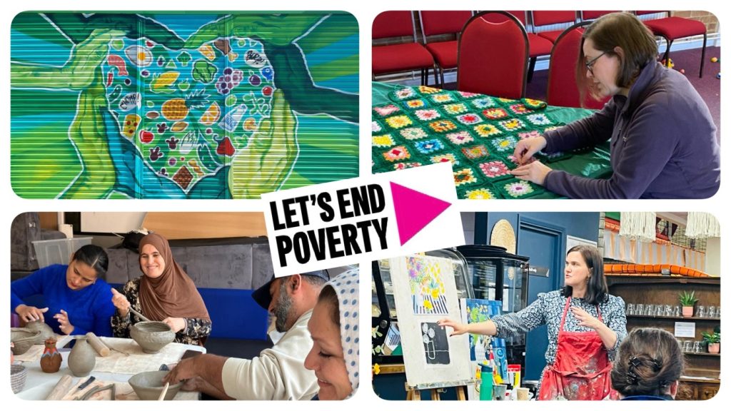 The Let's End Poverty text logo, on a collage of four images of people doing craft or art.