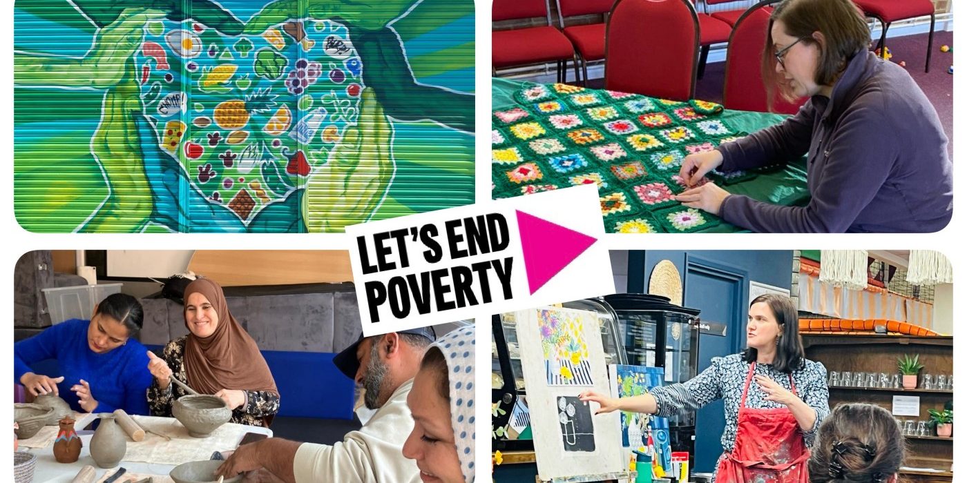 The Let's End Poverty text logo, on a collage of four images of people doing craft or art.