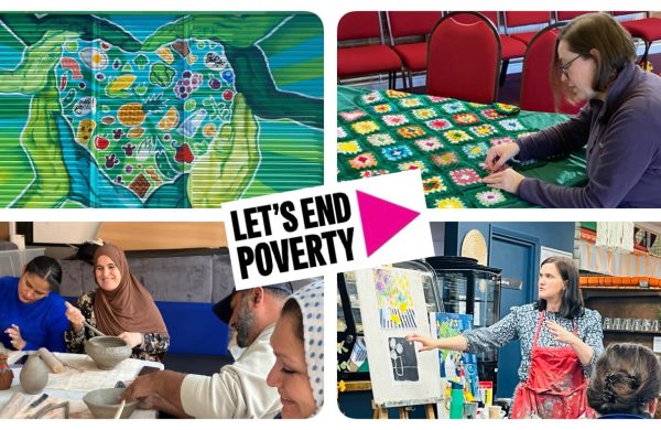 The Let's End Poverty text logo, on a collage of four images of people doing craft or art.