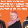 Cut-outs of Stef, Mary and Sydnie. Text above says: "Labour said they would put disabled people at the heart of everything they do. But instead they have shoved us to the very edges."