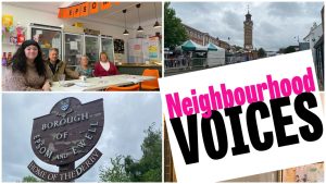 Three photos of Epsom and Epsom Pantry, with the Neighbourhood Voices logo