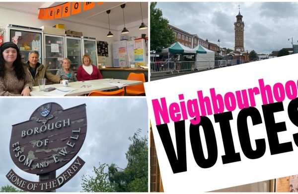 Three photos of Epsom and Epsom Pantry, with the Neighbourhood Voices logo