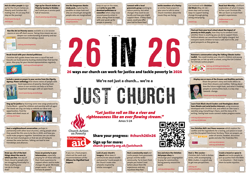 A poster with "26 in 26" in the centre, and lots of small boxes around the outsides