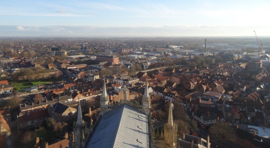 An aerial shot across York, taken from the Minster