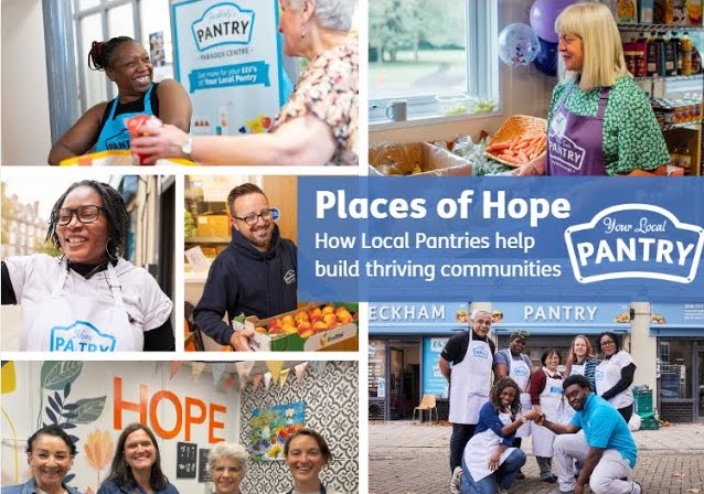 A collage of Pantry photos, with many smiling faces, and the words: "Places Of Hope" beside the shield-shaped Pantry logo