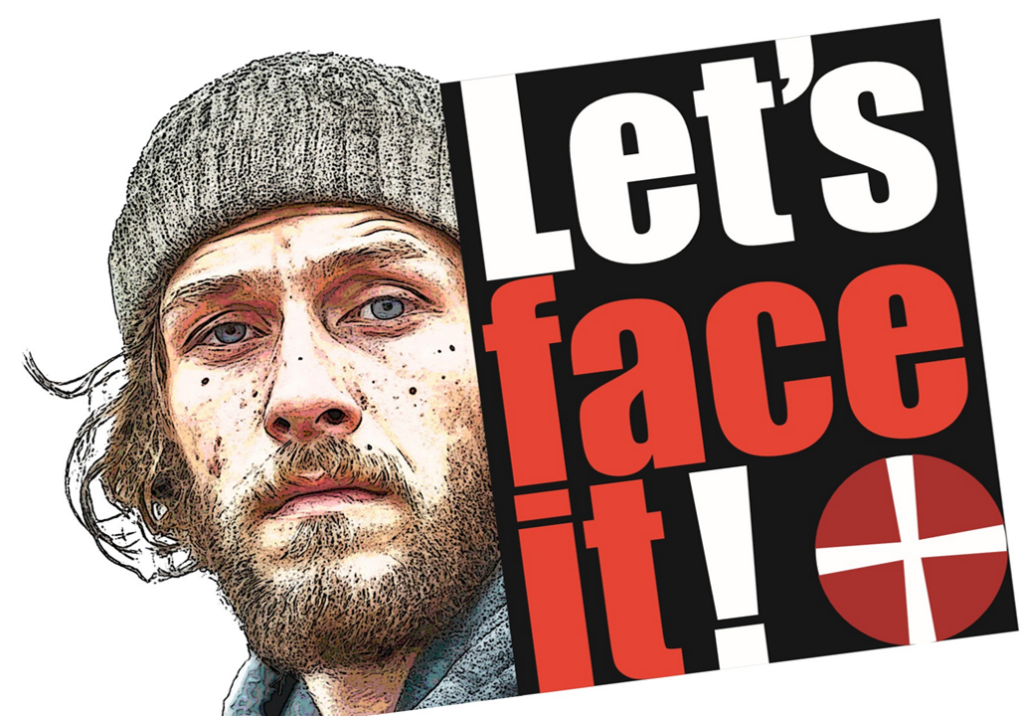 A headshot of man in a woollen hat, with "Let's Face It" written alongside