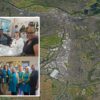 An aerial view of Reading, with two group photos overlaid. One shows a group of volunteers in a line; the other shows four people around a table smiling.