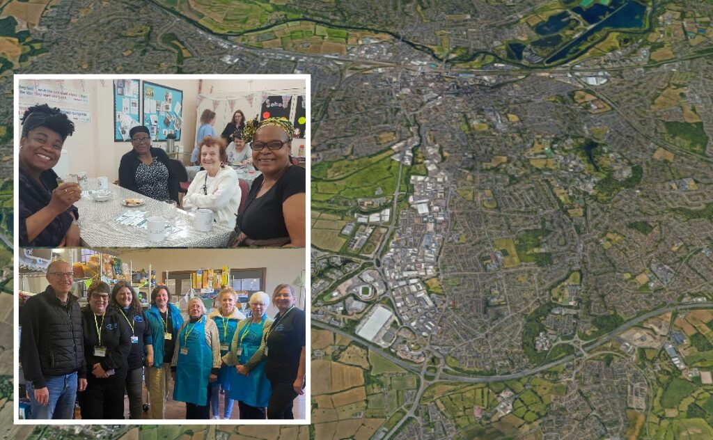 An aerial view of Reading, with two group photos overlaid. One shows a group of volunteers in a line; the other shows four people around a table smiling.