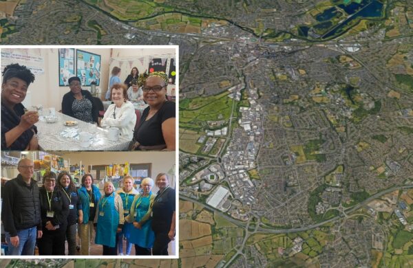 An aerial view of Reading, with two group photos overlaid. One shows a group of volunteers in a line; the other shows four people around a table smiling.