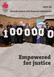 The cover of a report: people holding cut-out numbers denoting 100,000 above the title "Empowered for justice"