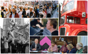 A collage of five photos of Church Action on Poverty events over the past 28 years
